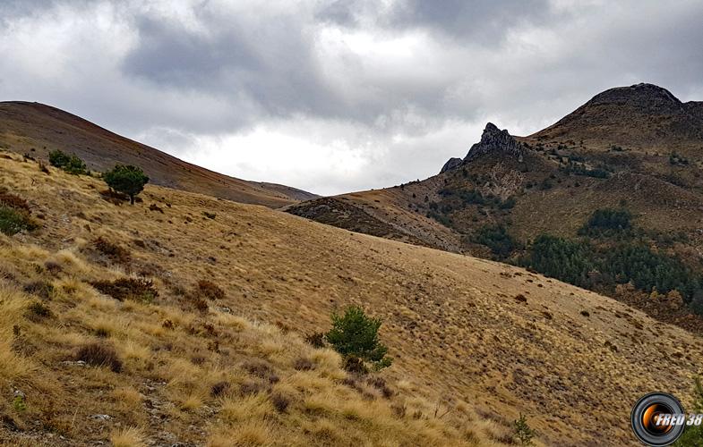 Dans le grand alpage, à droite le sommet.